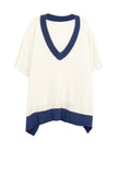 Oversized Border V-Neck Knit Poncho Sweater in Cotton Cashmere Blend Ivory Blue