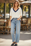 Oversized Border V-Neck Knit Poncho Sweater in Cotton Cashmere Blend  ivory with navy  subtle luxury cashmere