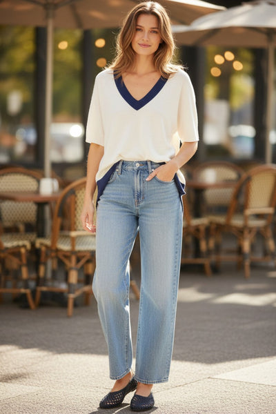 Oversized Border V-Neck Knit Poncho Sweater in Cotton Cashmere Blend  ivory with navy  subtle luxury cashmere