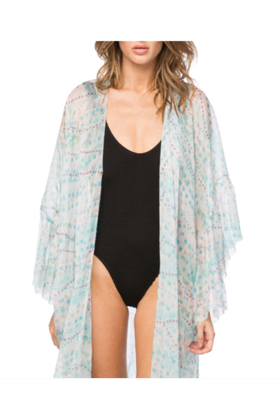 Bell Kimono Sleeve Print Kimono in Silk Geo Squared Print