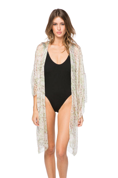 Bell Kimono Sleeve Print Kimono in Silk Geo Squared Print
