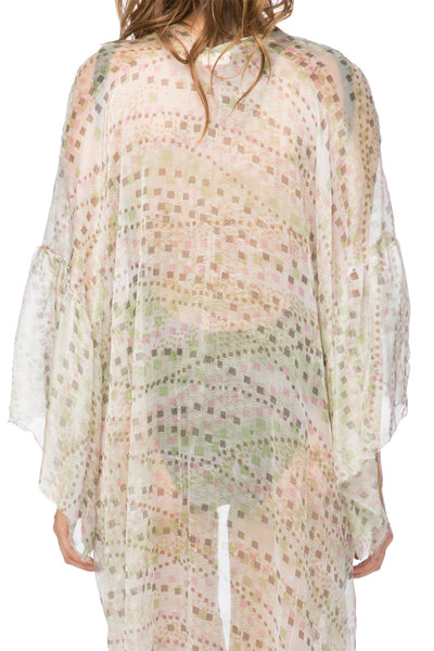 Bell Kimono Sleeve Print Kimono in Silk Geo Squared Print