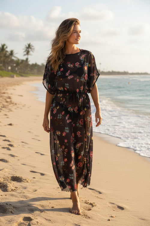 P2PFLKS88-Faraha-Maxi-Coverup-Farrah Kaftan Coverup Maxi Dress in Black Night Flowers Sheer Print
