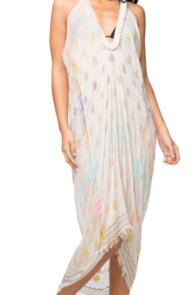 P2PHESCT11_Fringe Halter Coverup in Ray of Color Hand Loomed Past Colored Cotton Fabric
