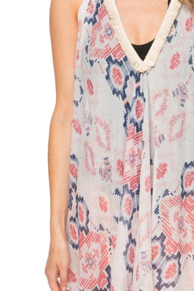 P2PHESMV10-Pink Fringe Halter Coverup Sundress in Cosmic Drama Sheer and Soft Print