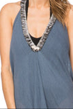 P2PHESS32-denim Denim Darling Fringe Halter Cowrie Shell Coverup Sundress