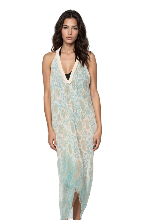Pool to Party Sundress One Size / Mint / 100% Polyester Fringe Halter Coverup  in Ivy Relic Print