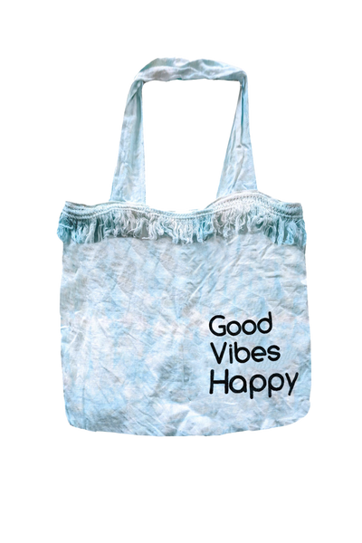 P2PMABTDP market Bag Fringe with sayings good vibes happy  lt blue