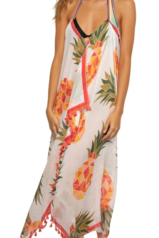 P2PMTDMV24-Coral Maxi Tassel Coverup Sundress in Playful Pineapple Model Print