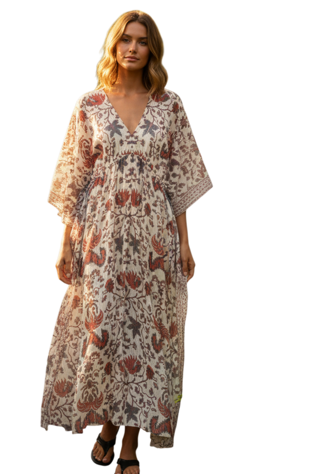 P2PPLMCL3-Noble Cockerel Boho Cotton Shine Print | Poolside Maxi Sundress Coverup 6