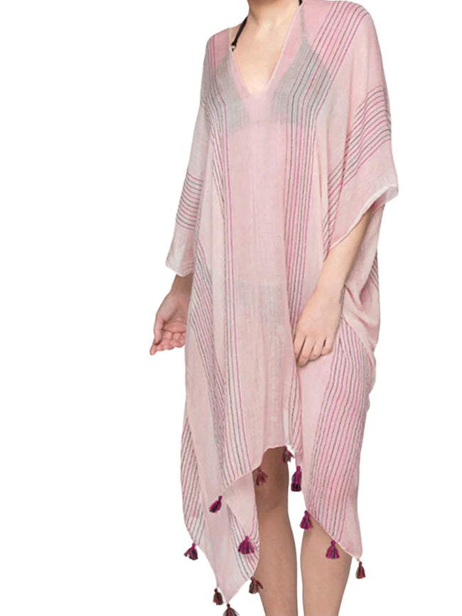 P2PVPDS108-Pink v neck striped kaftan caftan dress in pink 