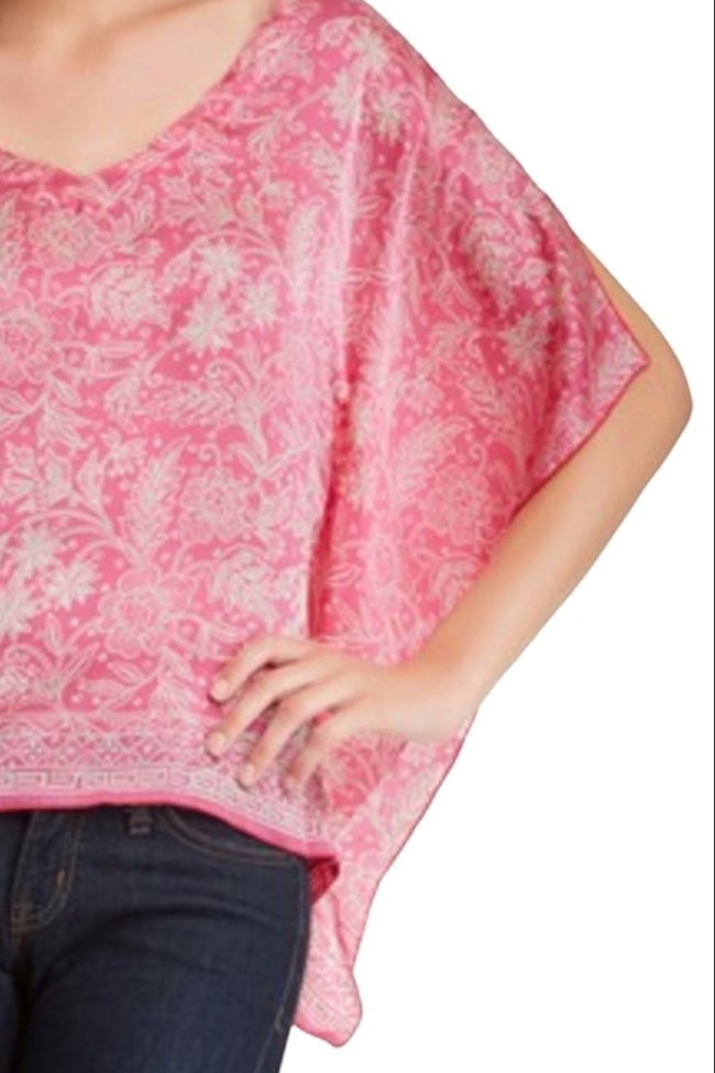 PCBSE_V-Neck Silk Hand Stamp Bali Crop Top pink tropical oasis close