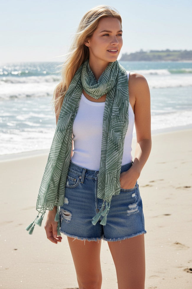 Palm Garden Oasis Green with White Print Scarf Wrap