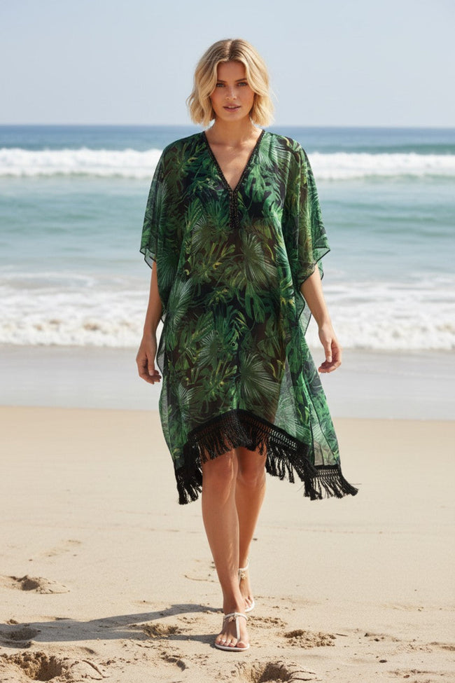 Palms in the Moonlight Leaf Green Print Fringe Kaftan Dress Coverup 2