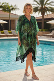 Palms in the Moonlight Leaf Green Print Fringe Kaftan Dress Coverup