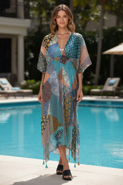 Picnic Patchwork Subtle Blues Poolside Maxi Kaftan Coverup Dress