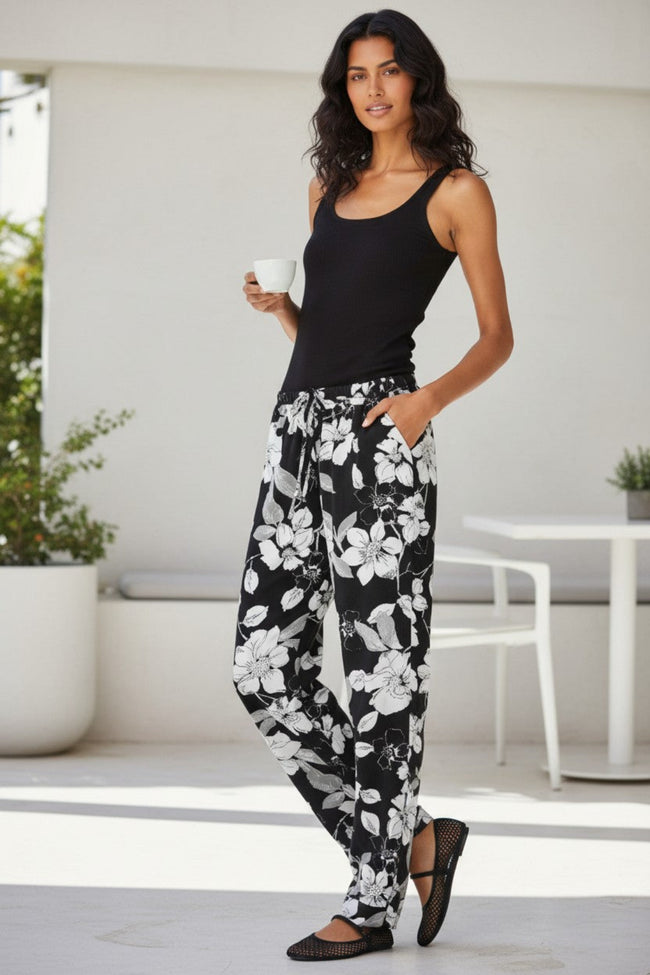Piper PJ Top-Pant Lounge Resort-Wear Set in Satin Shadowed Petals Black and White Print  pant