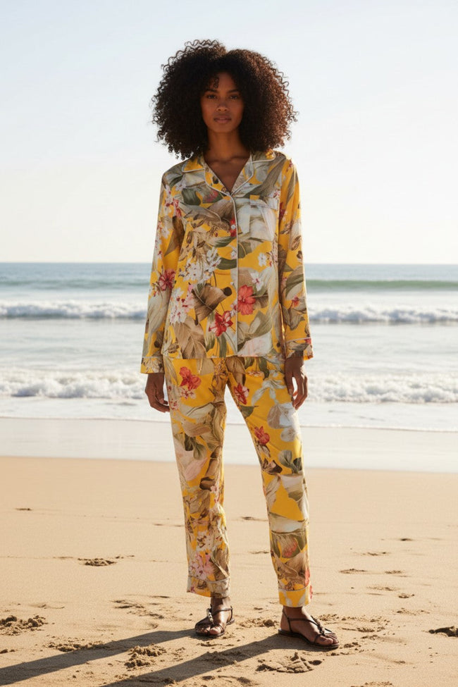 Piper Pajama Top-Pant Set - Golden Hour Bright Yellow Print luxury resort-wear pajamas 2