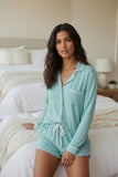 Pippa Pajama Knit Jersey PJ Top with Sleep Short Set by Loungerie turq aqua blue with white