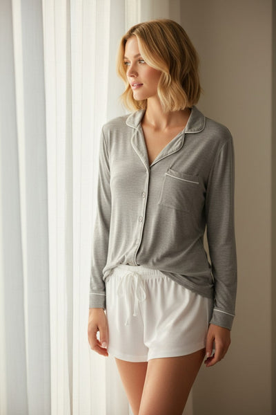 Pippa Pajama Rayon Knit Button Front Top by Loungerie light grey with white