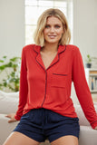 Pippa Pajama Rayon Knit Button Front Top by Loungerie red with navy