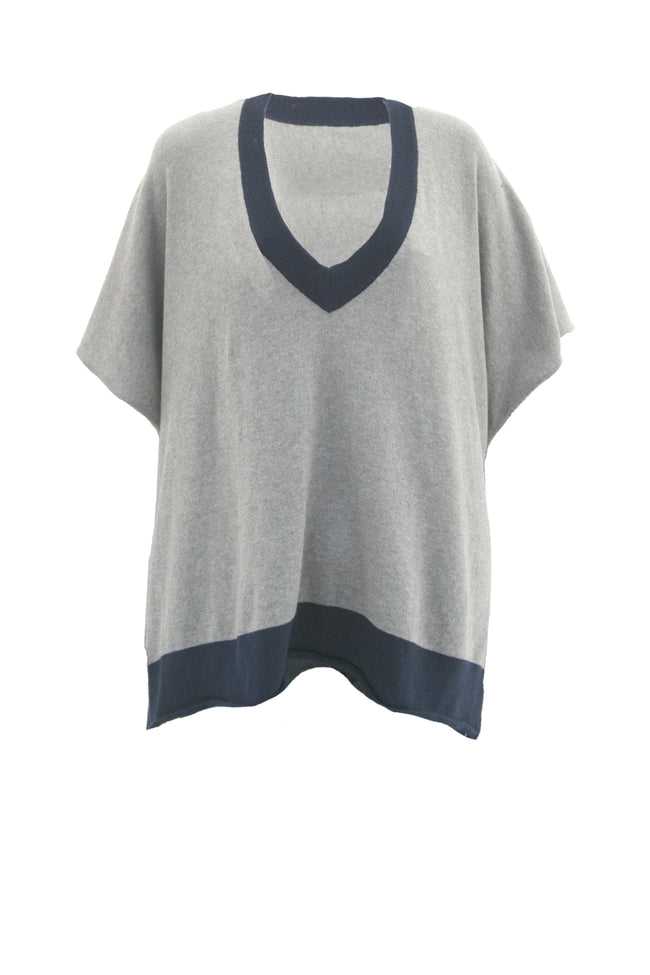Oversized Border V-Neck Knit Poncho Sweater in Cotton Cashmere Blend