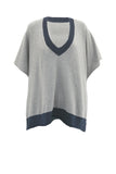 Oversized Border V-Neck Knit Poncho Sweater in Cotton Cashmere Blend