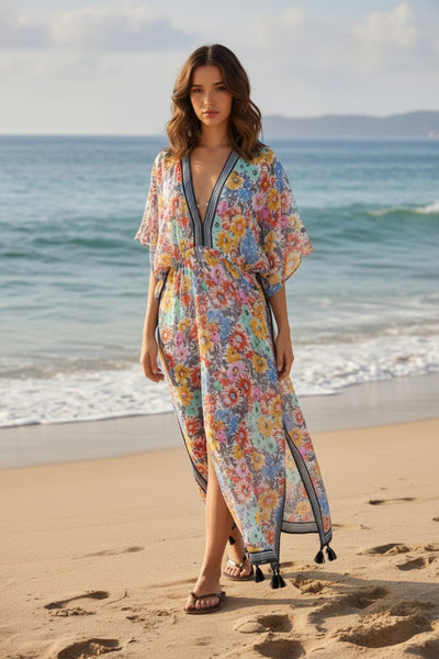 Poolside Maxi Coverup Sundress in Bloom & Shine Cotton Lurex Print