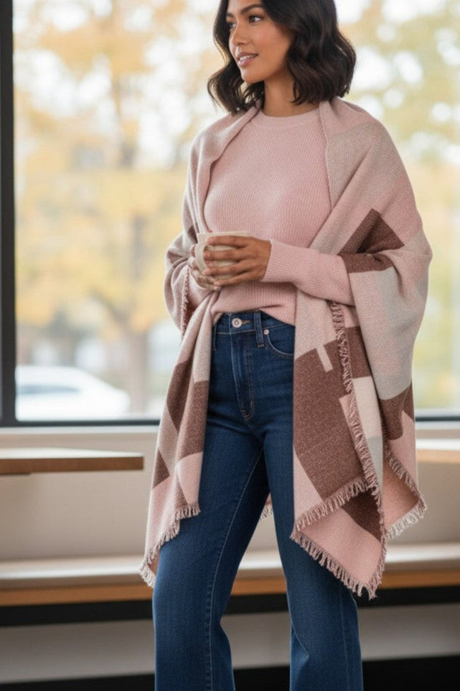 Pretty in Patchwork Pink Blanket Wrap Oversized Square Wrap, winter fireplace indoor cozy blanket wrap