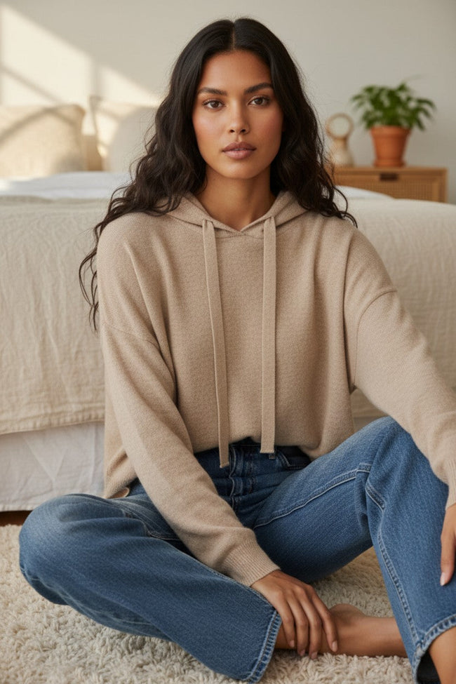 Quinn Favorite Washable 100% Cashmere Hoodie Sweater raw sugar. subtle luxury cashemre
