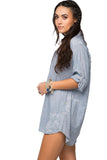 Boyfriend Cotton Shirt in Lt Blue Denim Chambray  with Embroidery