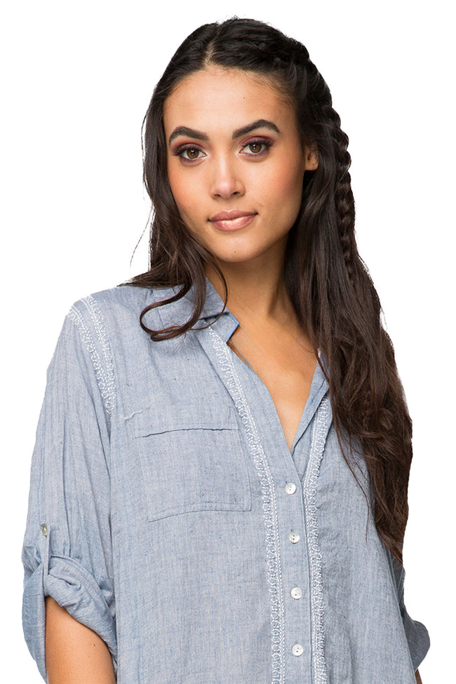Boyfriend Cotton Shirt in Lt Blue Denim Chambray  with Embroidery