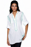 RBGCL Lagoon Blue Embroidery White Boyfriend Button Front Shirt