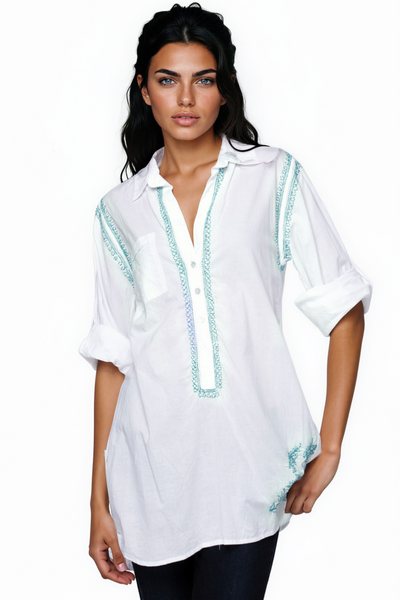 RBGCL Lagoon Blue Embroidery White Boyfriend Button Front Shirt