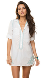 RBGCL Sea Blue Embroidery White Boyfriend Button Front Shirt