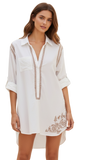 RBGCL Tan Brown Embroidery White Boyfriend Button Front Shirt
