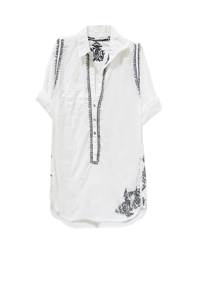 RGBCL Noir Black Embroidery on White Button Shirt Boyfriend Coverup