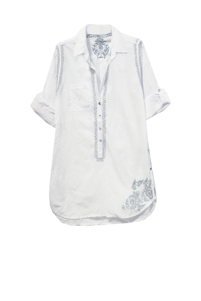 RGBCL Pewter Grey Embroidery on White Button Shirt Boyfriend Coverup