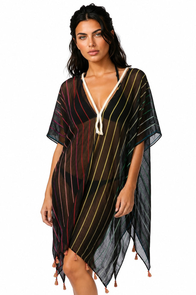 Rainbow Magic Multi Stripe Black Woven Tassel Coverup Caftan