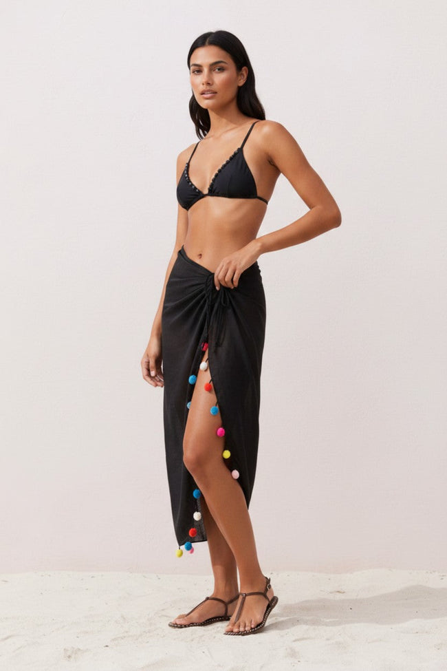 Rainbow Pom Pom Sheer Wrap Scarf Sarong black