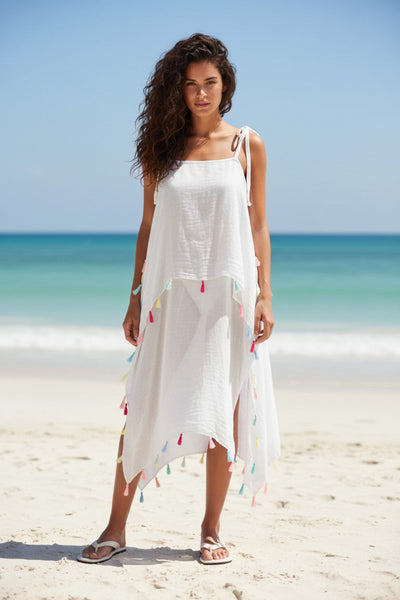 Rainbow Tassel Sheer Coastal Getaway Sundress Cover-Up in White or Black