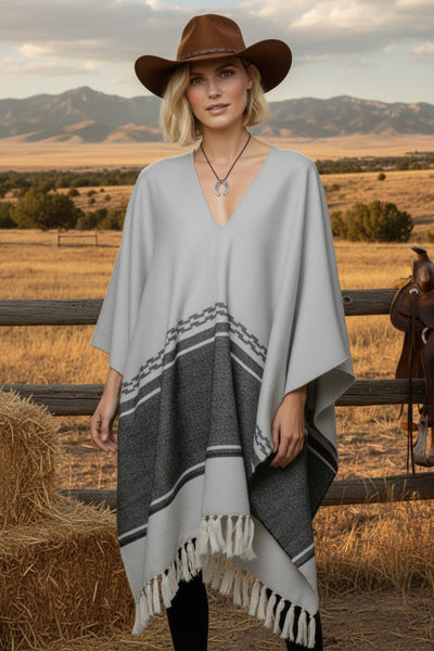 Rolling Stone Woven Blanket Oversize Poncho with Fringe subtle luxury fall winter poncho woven neutral charcoal grey color
