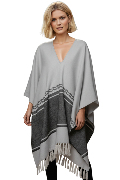Rolling Stone Woven Blanket Oversize Poncho with Fringe subtle luxury fall winter poncho woven neutral charcoal grey color