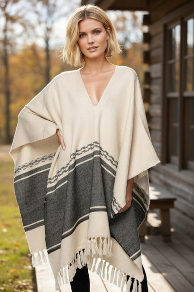Rolling Stone Woven Blanket Oversize Poncho with Fringe subtle luxury fall winter poncho woven neutral ivory grey color