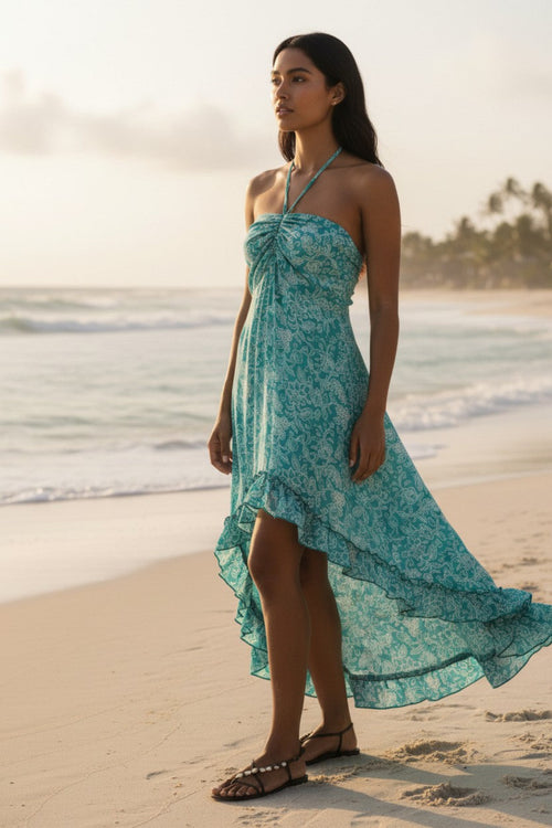 Ruffle-Hem Halter Hi-Low Midi Dress in Silk Bali Stamp Print