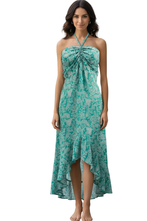 Ruffle-Hem Halter Midi Dress in Silk Bali Stamp Print mint green