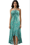 Ruffle-Hem Halter Midi Dress in Silk Bali Stamp Print mint green