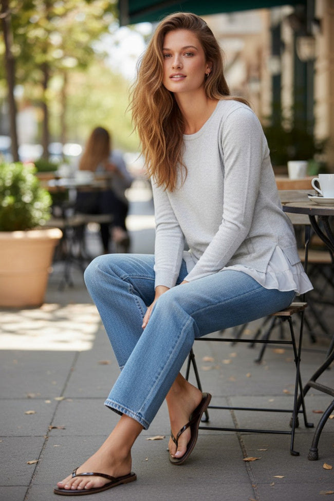Ruffle Layered Silk Chiffon Crewneck Cotton Sweater grey fog