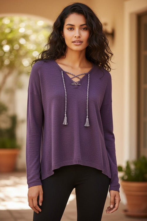 SL30ZEN-PSZen Blend Emily Lace Up Braideed Cord Trim Pullover Sweater purple boyenberry