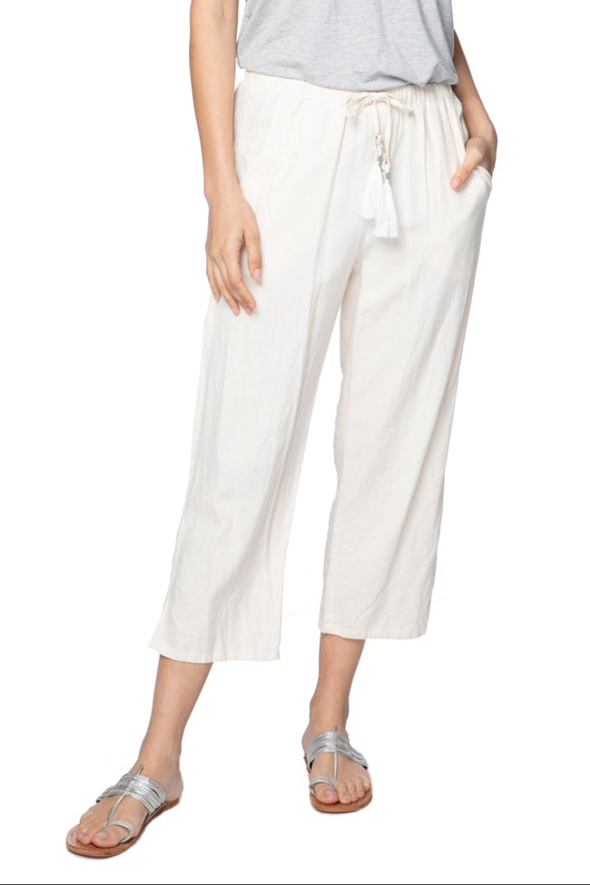 Linen Blend Cropped Beach Pants with Drawstring Tassel Tie